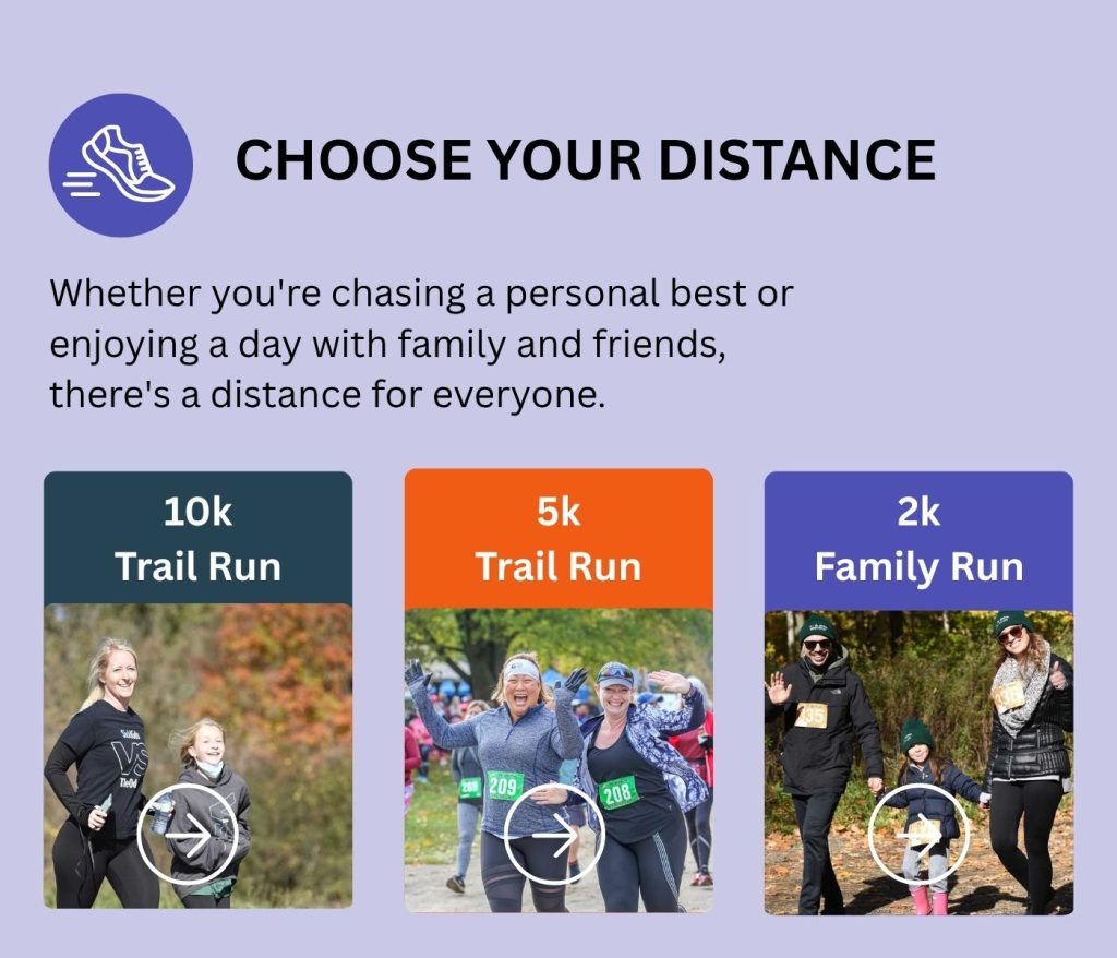 Choose between the 10K Trail Run, 5K Trail Run, and 2K Family Run at the Art In Motion charity race in Vaughan, Ontario.